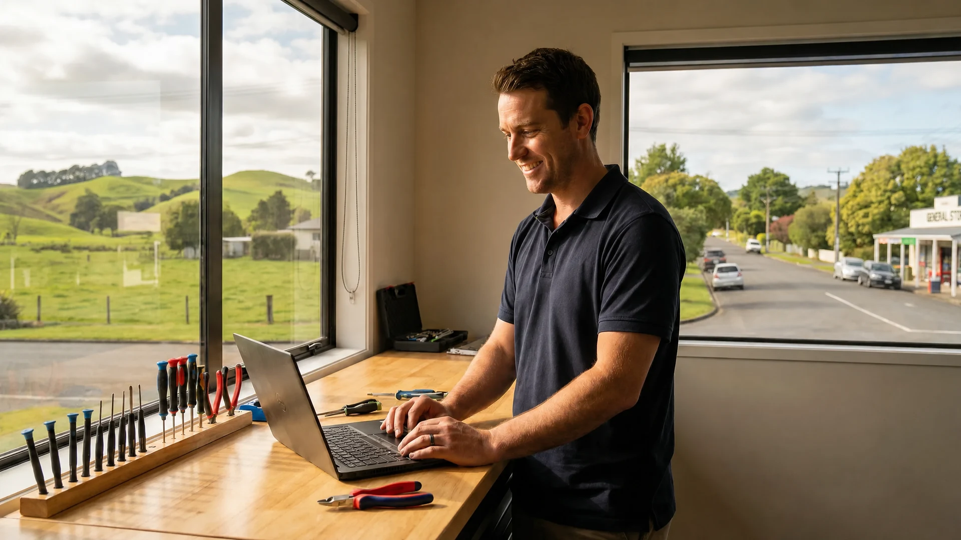 Imatec IT technician working on laptop in NZ workshop